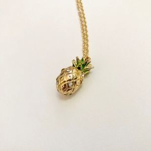 Vintage Gold Rhinestone Pineapple Pendant Chain Necklace Enamel Tiki Kitch
